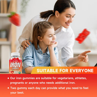 Iron Gummies For Women, Men & Kids, Sugar Iron Supplement With Calcium, Zinc, Folate & Vitamin B12, C, B6 - For Blood Building & Energy Support, Anemia, Strawberry, 60 Count