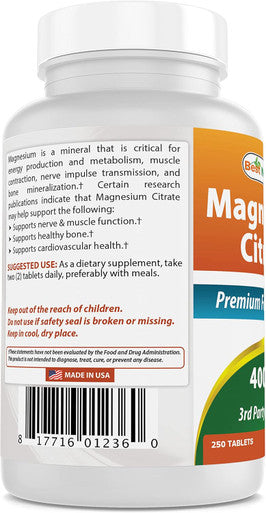 Best Naturals Magnesium Citrate (Citrato de Magnesio) 400mg 250 Tablets (400 mg of Elemental Magnesium per 2 Tablets) (1)
