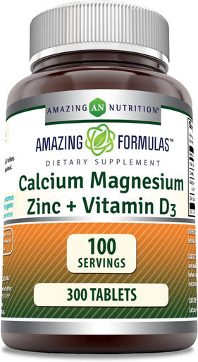 Amazing Nutrition Formulas Calcium Magnesium Zinc D3 - 300 Tablets Per Bottle Supplement (Calcium 1000mg - Magnesium 400mg - Zinc 25mg Plus Vitamin D3 600 IU - Per Serving of 3 Tablets)