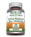 Amazing Formulas Calcium Magnesium Zinc D3 - 300 Tablets Per Bottle Supplement (Calcium 1000Mg - Magnesium 400Mg - Zinc 25Mg Plus Vitamin D3 600 Iu - Per Serving Of 3 Tablets)