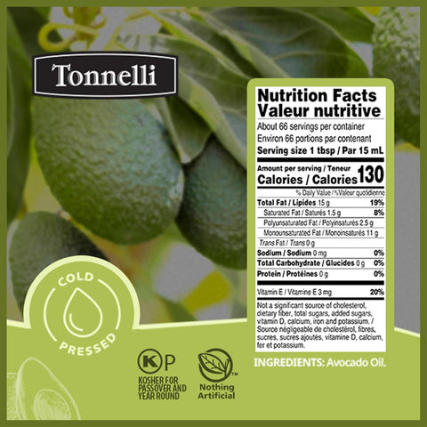 Tonnelli Premium Cold Pressed Naturally Refined Avocado Oil, 1 Liter (2 Pack) | High Smoke Point 520F | Product of Spain | Certified Kosher (including Passover)
