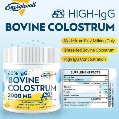 Energievoll Bovine Colostrum Supplement Powder - 60% IgG 3000 mg for Gut Hair Growth Beauty and Immune Easy to Mix Unflavored (50 Servings)