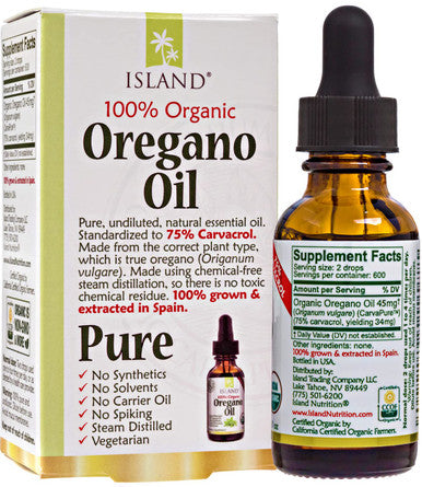 Island Nutrition , Oregano Oil Organic Liquid Drops - 100% Pure & Undiluted - Usda-Certified Organic (1 Oz) 75% Carvacrol - Grown In Spain - Immune Support Supplement With Oil Of Oregano.