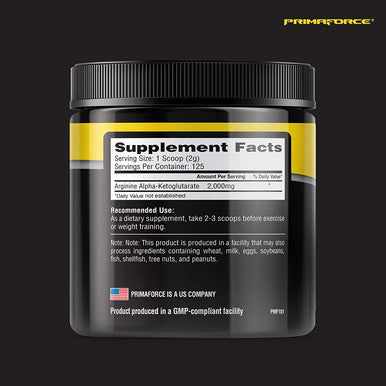 PrimaForce AAKG Arginine Powder 250 grams LArginine and AlphaKetoglutarate Acid Premium Workout Supplement NonGMO Vegan Gluten Free