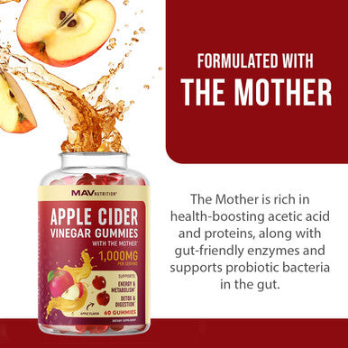 Organic Apple Cider Vinegar Gummies 60 Ct. Weight Digestion Detox Immunity Diet Support with ACV With The Mother Vitamin B6 B12 Folate Belly Fat Burner for Women Men Vegan 500MG