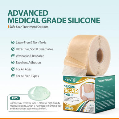 Geloo Professional Silicone Scar Sheets (Roll 1.6 160"- 4.06M) - Extended Edition Silicone Scar Tapes - Reusable Scar Removal Silicone Gel Strips For C-Section, Keloid, Surgery, Burn Scar Etc