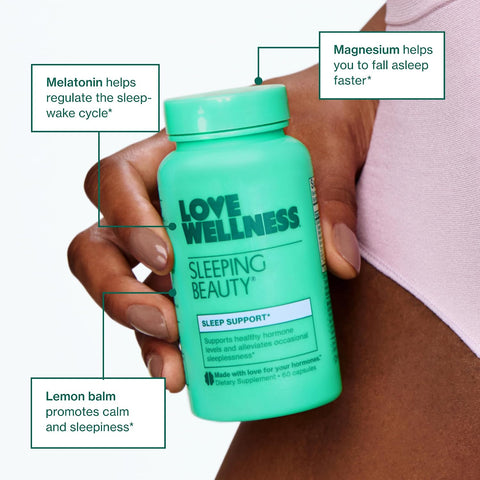Love Wellness Sleeping Beauty Sleep Support With Melatonin Magnesium & L-Theanine Promotes Restful Sleep Relaxation & Calmness Organic Valerian Root Powder & Lemon Balm 60 Count