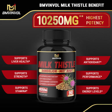 BMVINVOL (3 Months Supply) Milk Thistle Capsules 10250 mg - Supports Healthy Liver Function - High Potency with Beet Root, Cissus, Punarnava