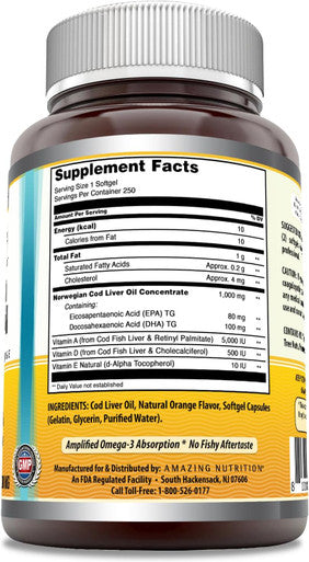 Amazing Nutrition Omega Norwegian Cod Liver Oil 1000 Mg Softgels Supplement | Omega-3 EPA DHA Vitamin A Vitamin D & Vitamin E (Orange | 250 Count)