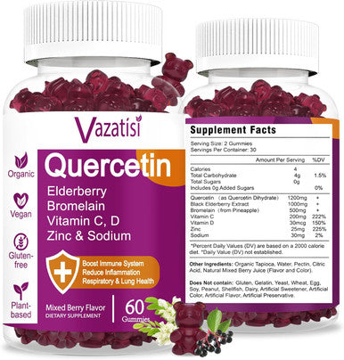 Quercetin Gummies, Quercetin With Vitamin C Zinc, Bromelain, Elderberry And Vitamin D, Immune Support Adults Kids, Women Men 120 Gummies Chewable