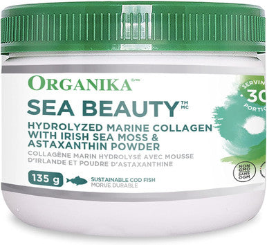 Organika Sea Beauty - Hydrolyzed Marine Collagen With Irish Sea Moss And Astaxanthin Powder- Improve Skin Health And Anti-Aging Support, Antioxidants- 135G