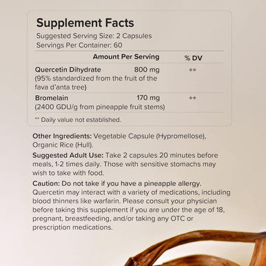 Rootcha Quercetin With Bromelain - Bioactive Fava D'Anta Derived Quercetin With 2400 Gdu/G Bromelain 120 Capsules