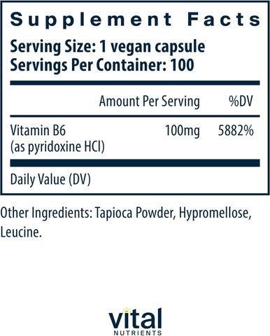 Vital Nutrients Vitamin B6 | Vegan Methylated B6 Vitamins for Nervous System Muscle Bone Health | High-Potency Vitamin B6 for Menstrual Discomfort | Gluten Dairy Soy | 100 Capsules