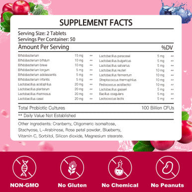 KFG Women's Probiotic 100 Billion CFUs 20 Strains with Organic Prebiotics Cranberry & D Mannose for Boost Immune Digestive Gut Vaginal & Urinary Health Gluten Dairy & Soy Free 100 Tablets.