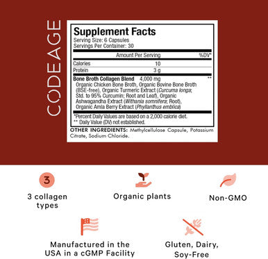 Codeage Organic Bone Broth Collagen Peptides Capsules Supplement Grass Fed Beef Bone Broth -Range Chicken Bone Broth Turmeric & Ashwagandha - Collagen Types I II III - Non-GMO - 180 Capsules