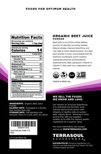 Terrasoul Superfoods Organic Beet Juice Powder 4 Oz - Grown in USA | Concentrated Beet Juice Crystals | Energy & Stamina