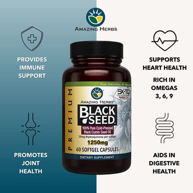 Amazing Herbs Premium Black Seed Oil Capsules - High Potency, Cold Pressed Nigella Sativa Aids In Digestive Health, Immune Support & Brain Function - 60 Count, 1250Mg (Pack Of 2)
