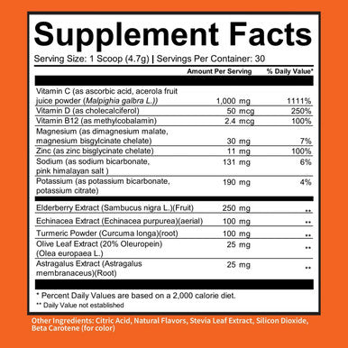 Immunity Fizz Wellness Booster by GoBiotix Immune Defense Powder Vegan Superfood Elderberry Turmeric Vitamin C B12 Supplement NonGMO Gluten Soy Sugar Free Immunity Support Orange