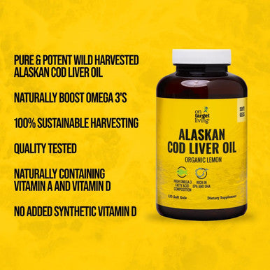 On Target Living Alaskan Cod Liver Oil 120 Soft Gels | Line Caught in The USA | Naturally Occurring Vitamin D | Rich in Omega 3 DHA/EPA
