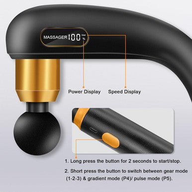 Massage Gun Deep Tissue With Extension Handle, Handheld Back Massager For Pain Relief Deep Tissue, Percussion Massage Gun For Neck/Shoulder/Waist/Legs/Foot/Muscle, 4 Massage Heads & 5 Speeds