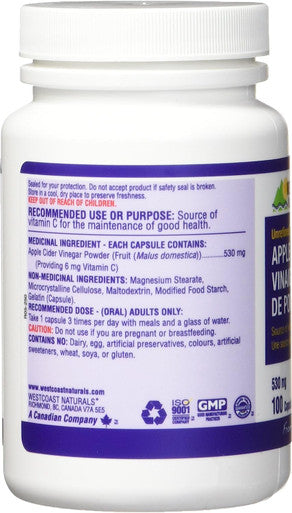WESTCOAST NATURALS Apple Cider Vinegar X-Strength Capsules, 530mg, 100 Count, transparent