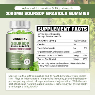 lickshine Soursop Graviola Gummies - 3000Mg Extra Strength Soursop Leaves Supplement With Vitamin C, Zinc - Digestive Aid, Immune Support & Antioxidant - Sugar-Free, Non-Gmo, Vegan, 60 Counts