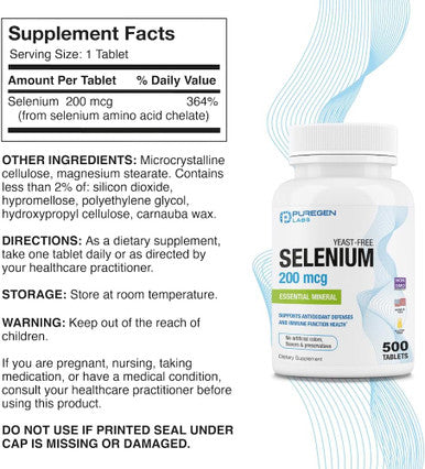 Puregen Labs Selenium 200 Mcg Yeast Essential Mineral - 500 Vegetarian Tablets Immune & Antioxidant Support Non-Gmo, Gluten Free, Made In Usa