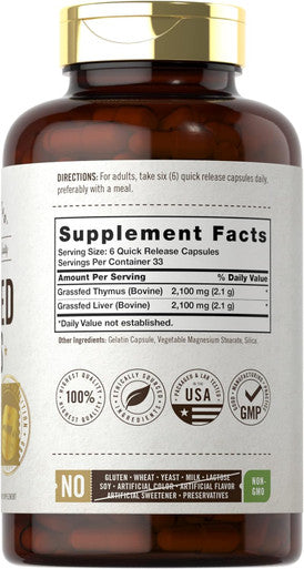 Carlyle Grass Fed Beef Thymus Bovine Supplement | 4200mg | 200 Capsules | Pasture Raised Non-GMO Gluten | by Herbage Farmstead