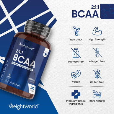 Weightworld BCAA Tablet 2000mg Per Serving - 180 Protein Tablets (3 Months Supply) - 2:1:1 Branched Chain Amino Acids Tablets with Vitamin B12 & B6 - BCAA Powder Alternative - Pre Workout Supplement for Energy