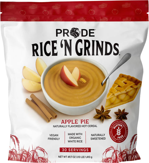 Pride Foods Rice 'N Grinds Hot Cereal - Gluten-Free, Non-GMO, Vegan-Friendly, Natural Rice Breakfast, Quick & Easy Hot Meal, Low-Fat Comfort Food, 30 Servings, Brown Sugar & Cinnamon