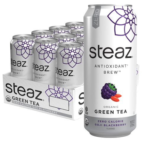 Steaz Organic Green Tea Zero Calorie Raspberry (12 Pack) Antioxidant Brew 65mg Natural Caffeine Vitamin C Stevia Sweetened Iced Tea Vegan Fair Trade 12 Cans 16 fl oz (473mL)