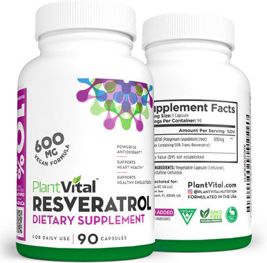Plantvital Resveratrol 600Mg - Trans Resveratrol Supplement - Supports Immune System And Digestive Health - 90 Trans-Resveratrol Capsules (1 Bottle)