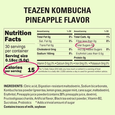 Teazen Pineapple Kombucha Tea Hydration Drink Mix Sugar Live Probiotics & Prebiotics 30 Sticks 5.29oz