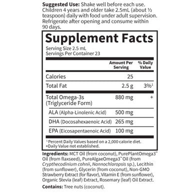 Garden of Life Plant Omega-3 Ala Dha & Epa Supplement For Children -Liquid Strawberry - Vegan Brain & Eye Support For Kids Sugar Free & Non-Gmo - 2 Fl Oz