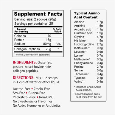 Collagen Peptides Pasture Raised Grass Fed 100 Collagen Protein Hydrolyzed Type I and III Collagen Peptides Powder Unflavored 500 Grams/ 17.6 Ounces