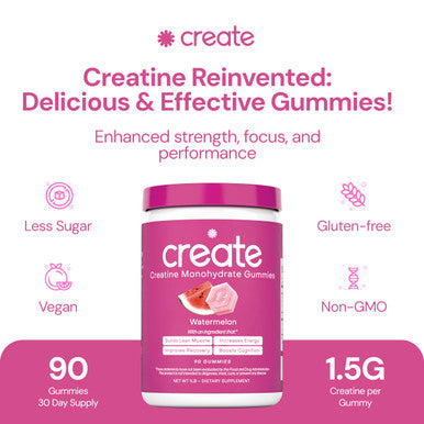 Create Creatine Monohydrate Gummies for Men & Women - Boost Focus Strength and Endurance Anti-Melting Formula Vegan Gluten-Free Non-GMO 1.5 Gram Creatine per Gummy (Watermelon 90 ct)