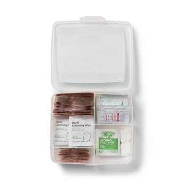 Curad Compact First Aid Kit with Over-The-Counter MedicineAll PurposeFlex-Fabric and Butterfly BandagesAntibiotic OintmentCleansing TowelettesAlcohol Prep PadsAcetaminophenCarry Case 80 Count