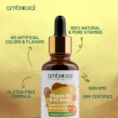 Ambrosial Ambrosial Vitamin D3 K2 Liquid Drops for Adults & Kids | Mango Flavor High Strength Vitamin D Liquid 500 IU & Vitamin K2 50 mcg PER DROP (Pack of 1-30 ml)