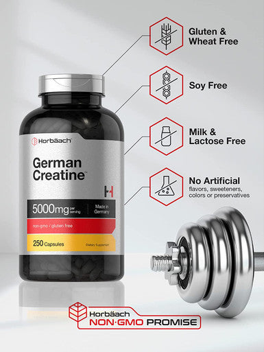 German Creatine Monohydrate 5000mg | 250 Capsules | Non-GMO, Gluten Free Supplement | by Horbaach