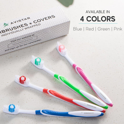 Avistar 120 Pack Bulk Toothbrushes W/Cover Caps Individually Wrapped Disposable Travel Toothbrush Value Size Long Lasting 3 Months Med-Soft Manual Teeth Brush Bristles 4 Colors (Red Green Blue Pink)