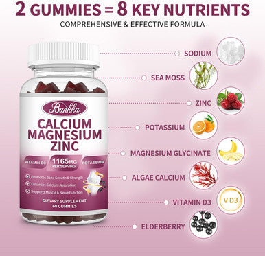 Calcium Magnesium Zinc Gummies With Magnesium Glycinate 200Mg, Potassium, D3, Sea Moss, Calm Mood & Sleep Support- Kids & Adults 2 Pack