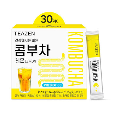 Teazen Lemon Kombucha Tea Hydration Drink Mix Sugar Live Probiotics & Prebiotics 30 Sticks 5.29oz