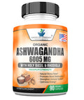 Ashwagan Organic 6005mg, Organic Rhodiola Rosea, Organic Holy Basil Tulsi, Organic Black Extract, Relief, Mood Enhancer, Relaxation, Focus, Thyroid Support, 90 Veggie Capsules