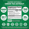 Zazzee Extra Strength Green Tea 20:1 Extract, 6000 mg Strength, 150 Vegan Capsules, 50% EGCG, 98% Polyphenols and 80% Catcehins, Potent 20x Extract, Up to 5 Month Supply, Vegan, All-Natural
