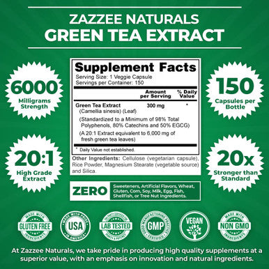 Zazzee Extra Strength Green Tea 20:1 Extract, 6000 Mg Strength, 50% Egcg, 98% Polyphenols And 80% Catcehins, 150 Vegan Capsules
