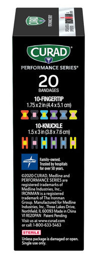 Curad Performance Series Ironman Fingertip and Knuckle Antibacterial Bandages Extreme Hold Adhesive Technology Fabric Bandages 20 Count (Pack of 1)
