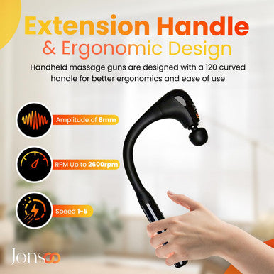 Massage Gun With Extension Handle - Percussion Massager Hammer For Back Neck Shoulders Waist Legs Pain Relief- Portable 10Mm Massage Gun Deep Tissue Massager W/ 4 Heads & 5 Speed Levels
