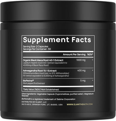 Terra ELMNT 40,000mg 40x Strength Organic Black Maca Root with Ashwagandha - Highest Potency Black Maca Root Capsules for Men - 100% Pure Maca Peruana Powder Organic, Gelatinized, Non-GMO - 60 Pills