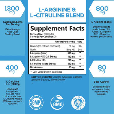 L-Arginine Complex - Essential Amino Acids for Energy, Muscle & Vascular Health Support - Nitric Oxide Booster with Citrulline, Beta Alanine & Calcium - Supports Exercise & Recovery - 60 Capsules