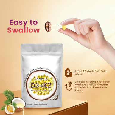 2-In-1 Vitamin D3 K2 Supplement Softgel, 10000 Iu Vit D3 + 200 Mcg Vitamin K2, 300 Pcs Vitamin D3 K2 Gels Riched Microingredients Vitamin D3 K2, Of Gmo, Gluten, Soy For Men Women